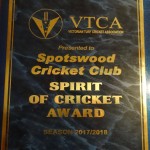 VTCA Spirit of Cricket Award